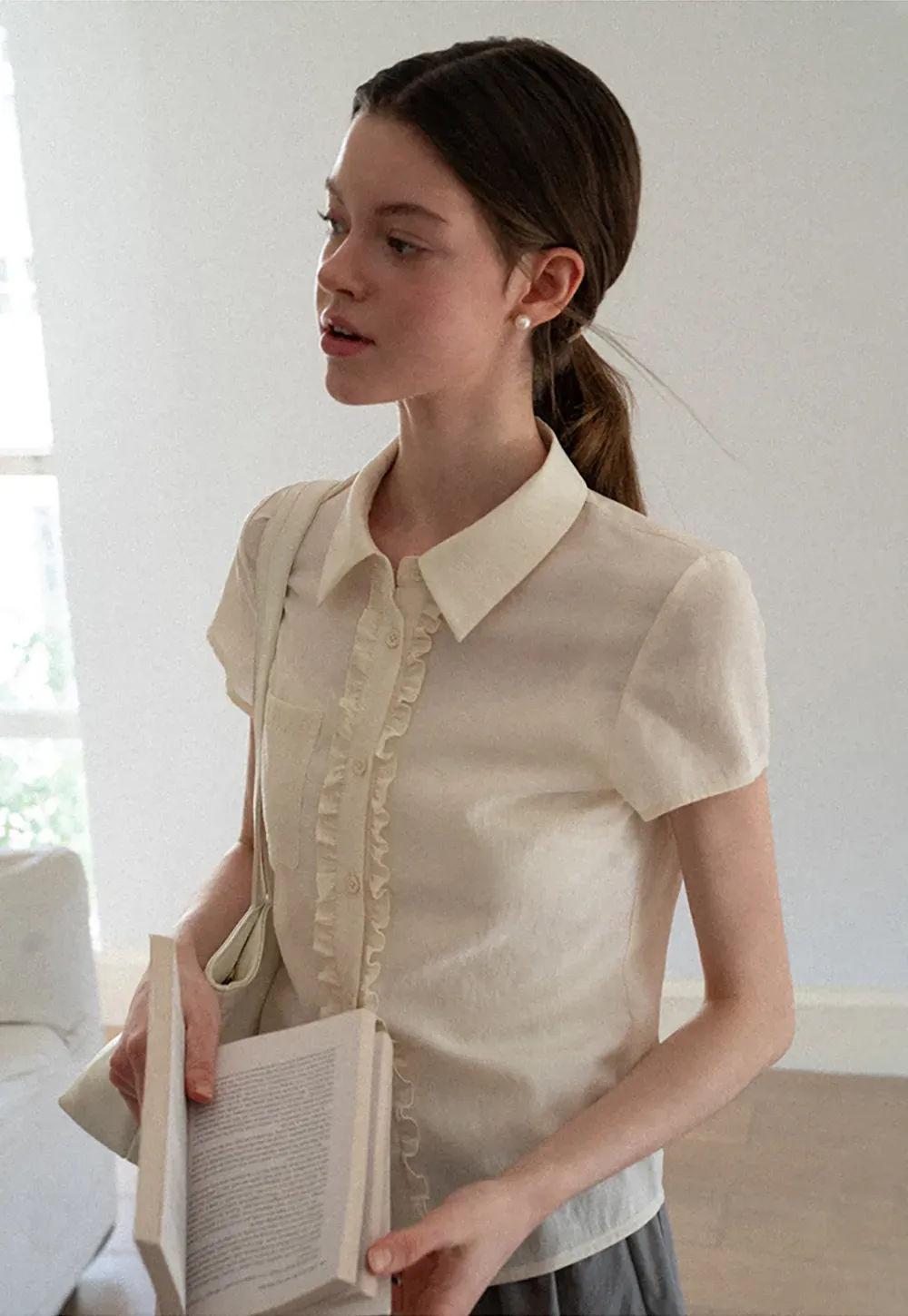 Ruffled Front Short Sleeve Collared Shirt