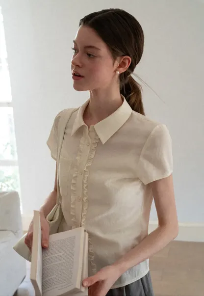 Ruffled Front Short Sleeve Collared Shirt