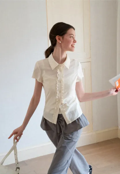 Ruffled Front Short Sleeve Collared Shirt