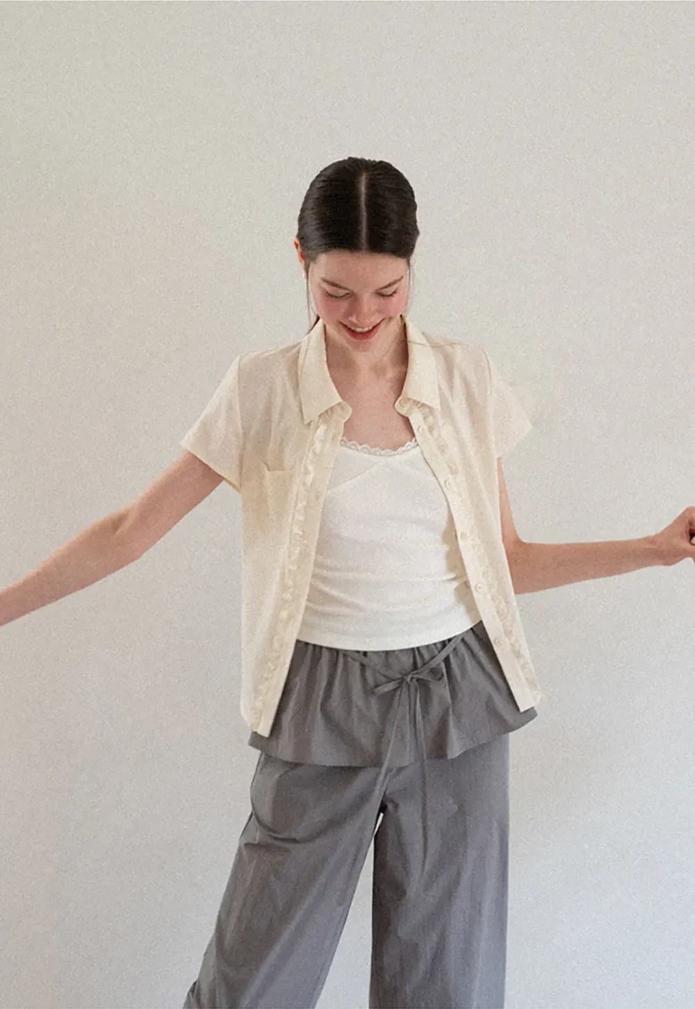 Ruffled Front Short Sleeve Collared Shirt