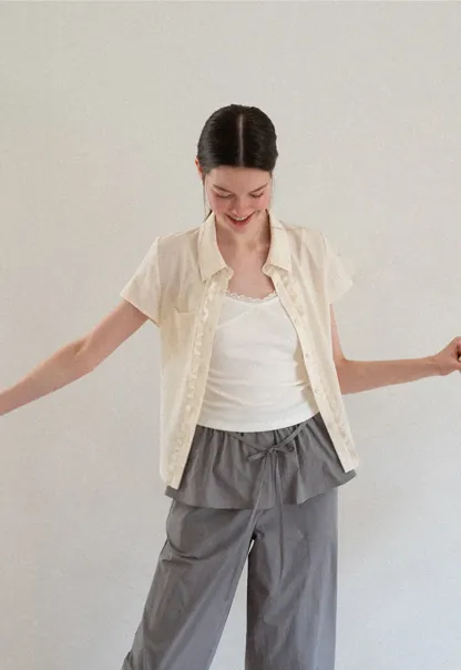 Ruffled Front Short Sleeve Collared Shirt