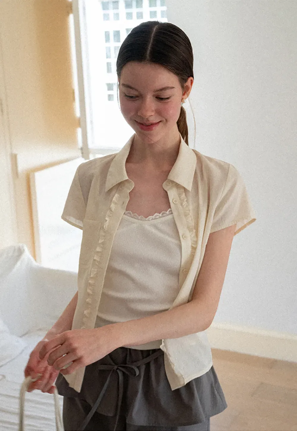 Ruffled Front Short Sleeve Collared Shirt