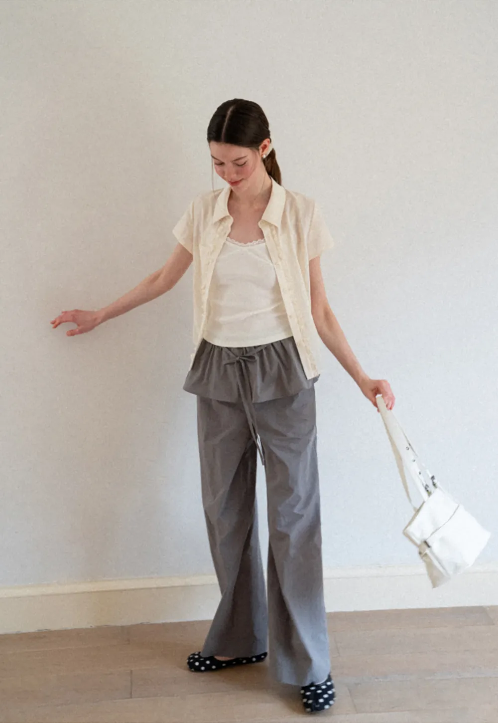 Ruffled Front Short Sleeve Collared Shirt