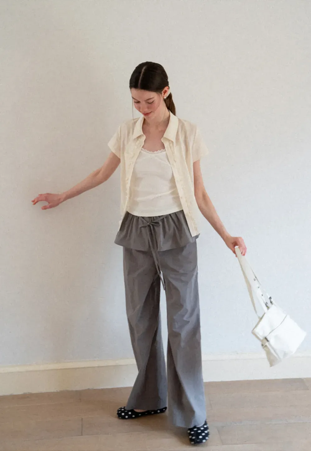 Ruffled Front Short Sleeve Collared Shirt