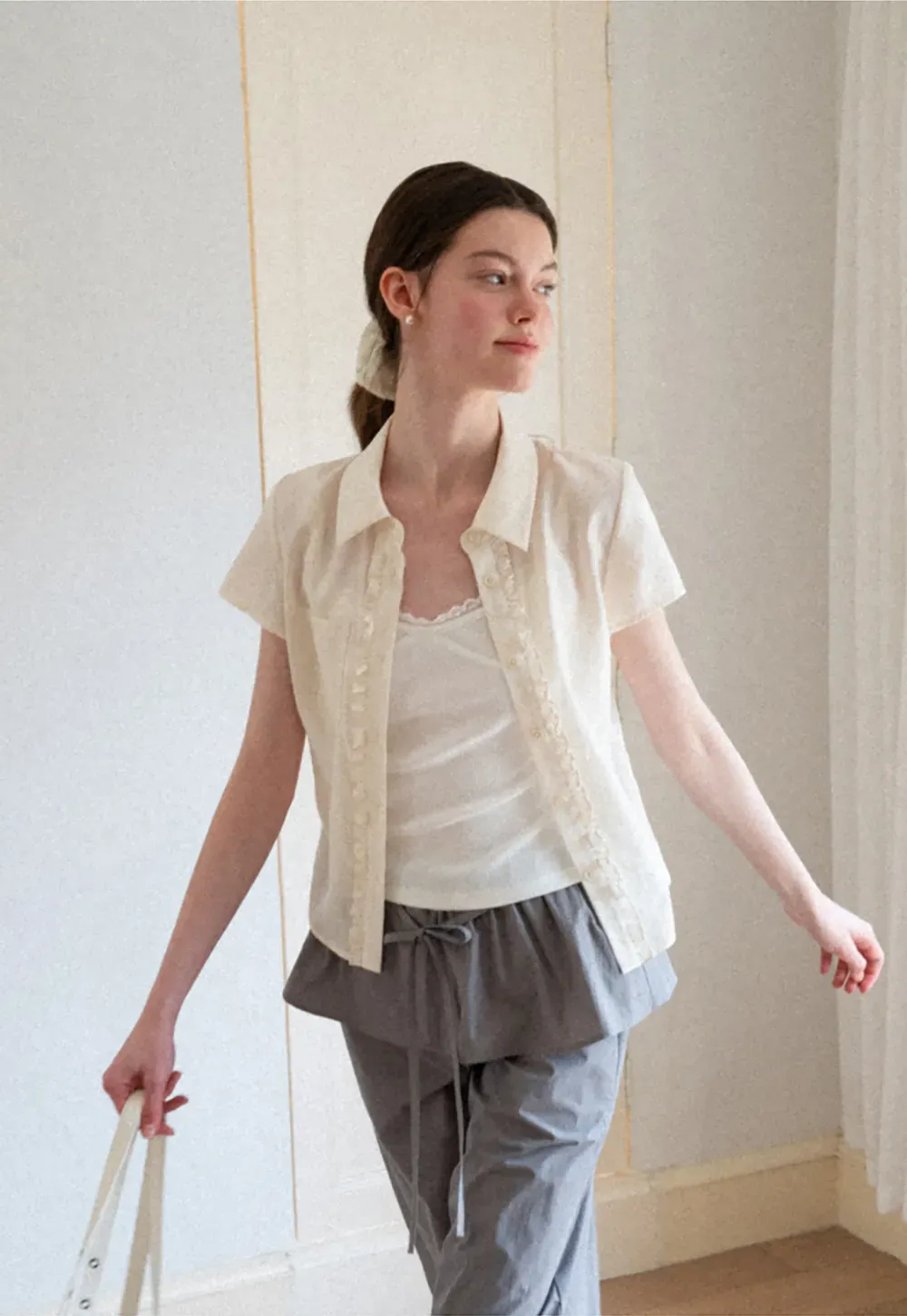 Ruffled Front Short Sleeve Collared Shirt