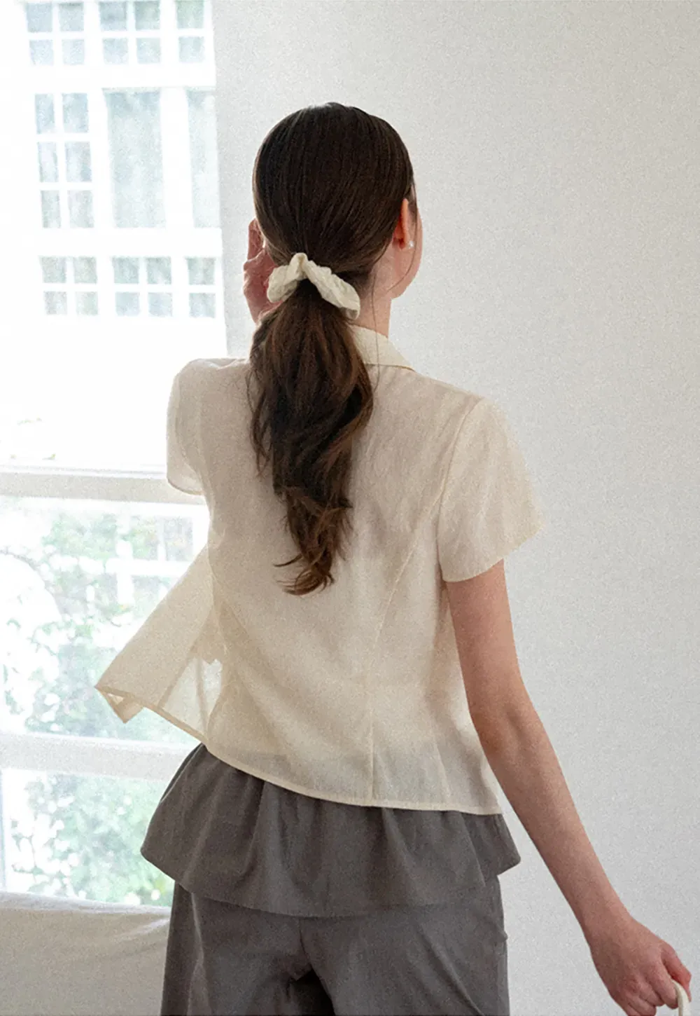 Ruffled Front Short Sleeve Collared Shirt