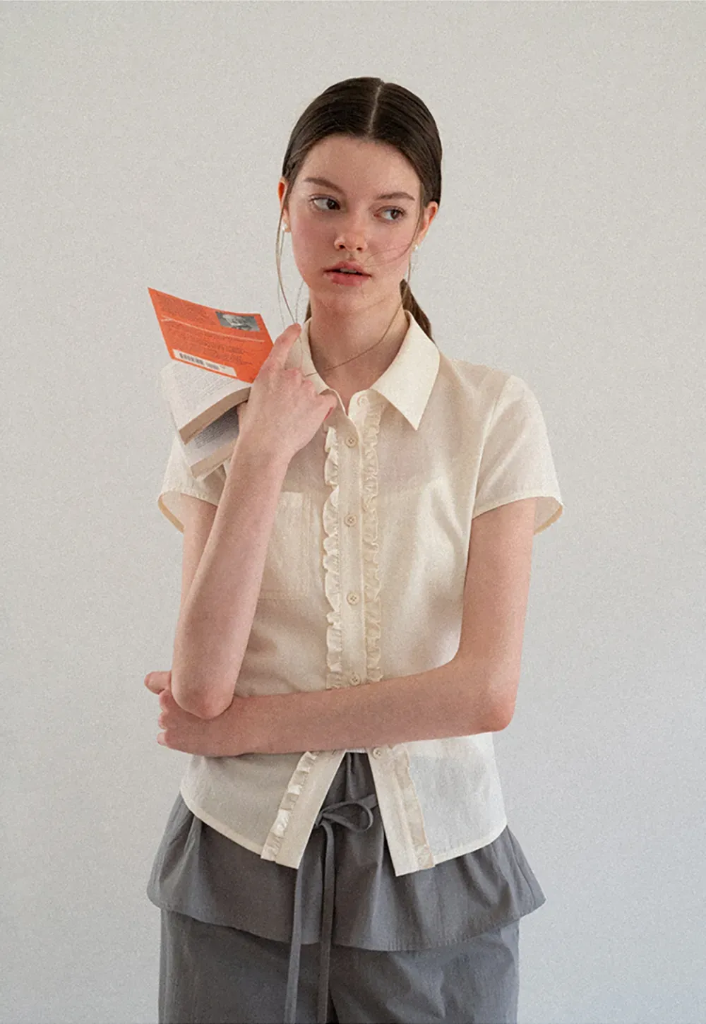 Ruffled Front Short Sleeve Collared Shirt