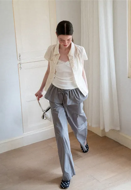 Ruffled Front Short Sleeve Collared Shirt