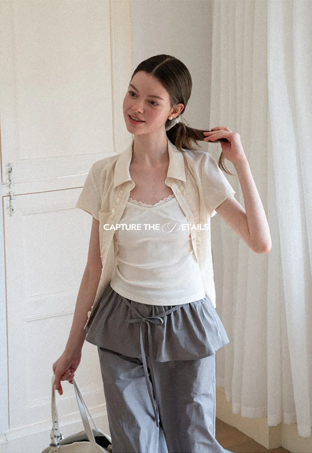 Ruffled Front Short Sleeve Collared Shirt