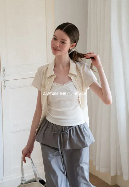 Ruffled Front Short Sleeve Collared Shirt