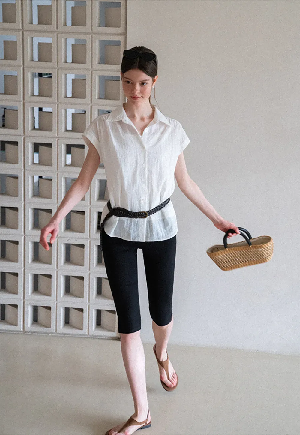 Short Sleeve Button Down Shirt with Braided Belt Detail