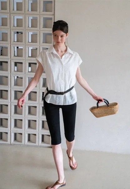 Short Sleeve Button Down Shirt with Braided Belt Detail