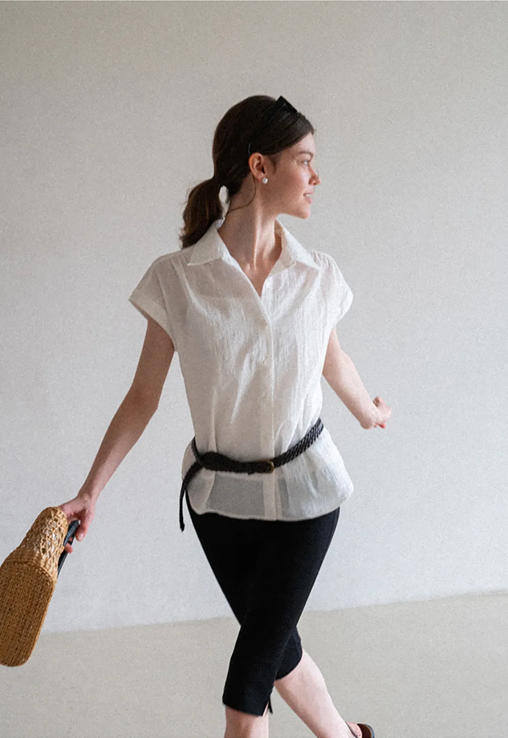 Short Sleeve Button Down Shirt with Braided Belt Detail
