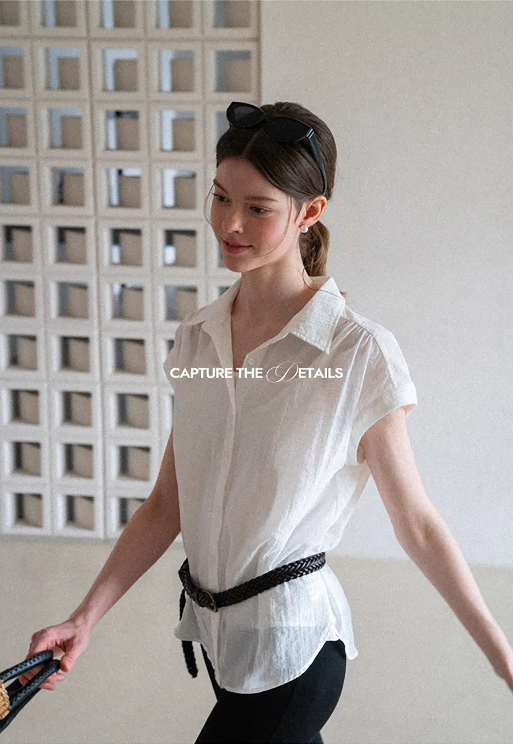 Short Sleeve Button Down Shirt with Braided Belt Detail