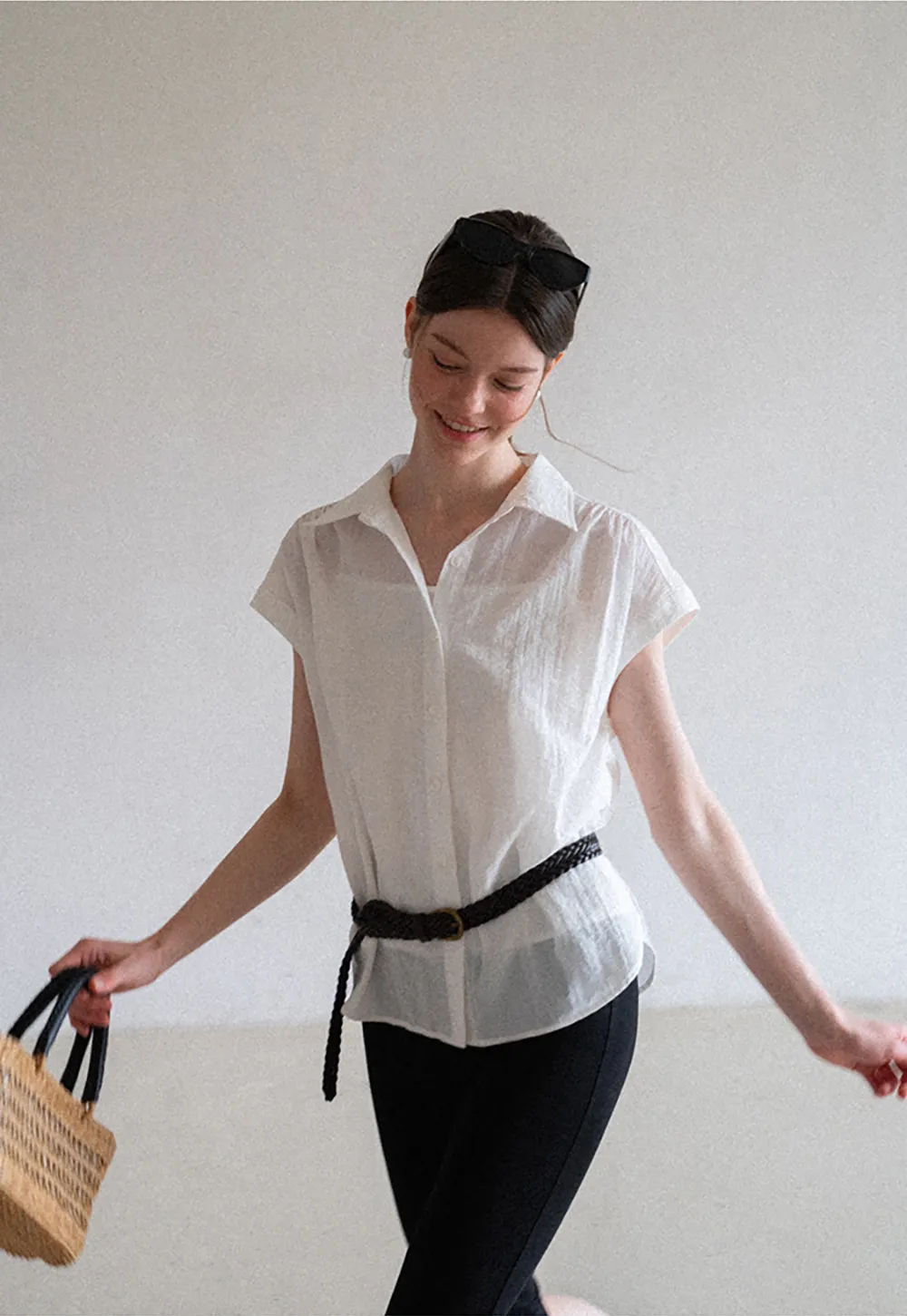Short Sleeve Button Down Shirt with Braided Belt Detail