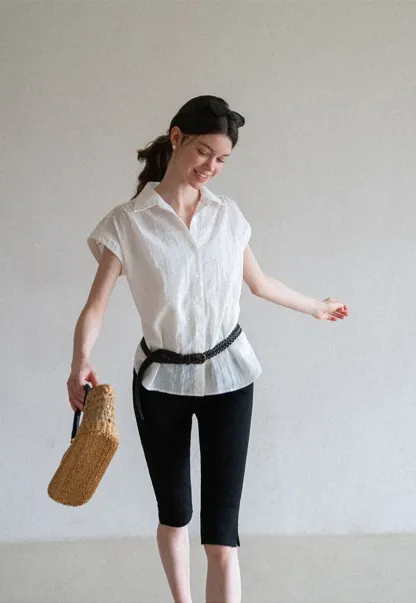Short Sleeve Button Down Shirt with Braided Belt Detail