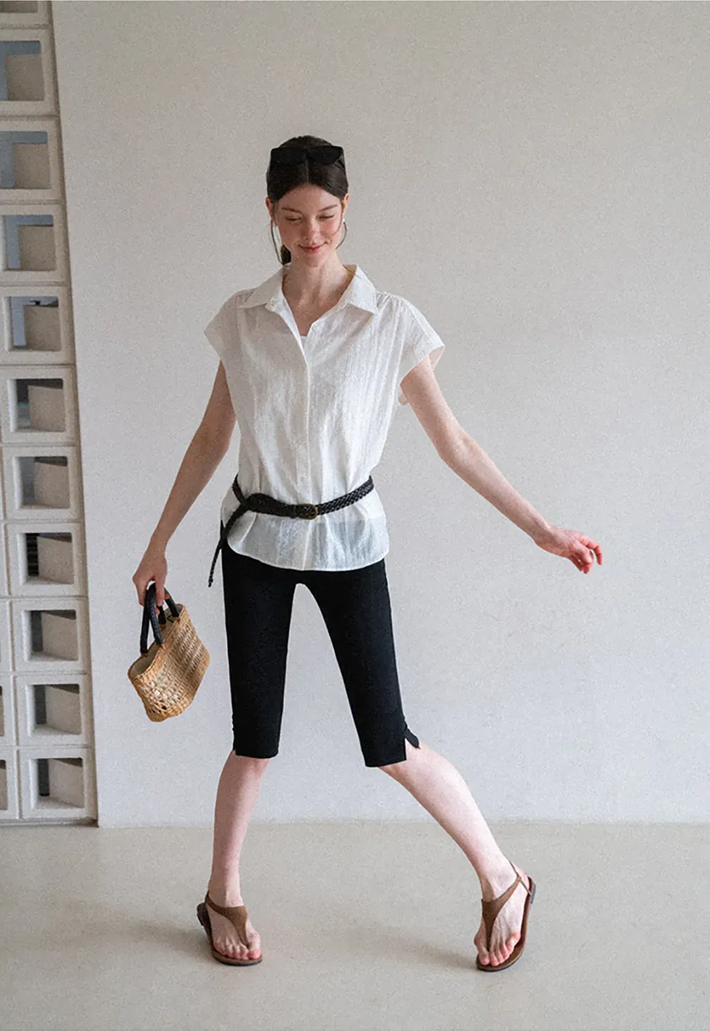 Short Sleeve Button Down Shirt with Braided Belt Detail