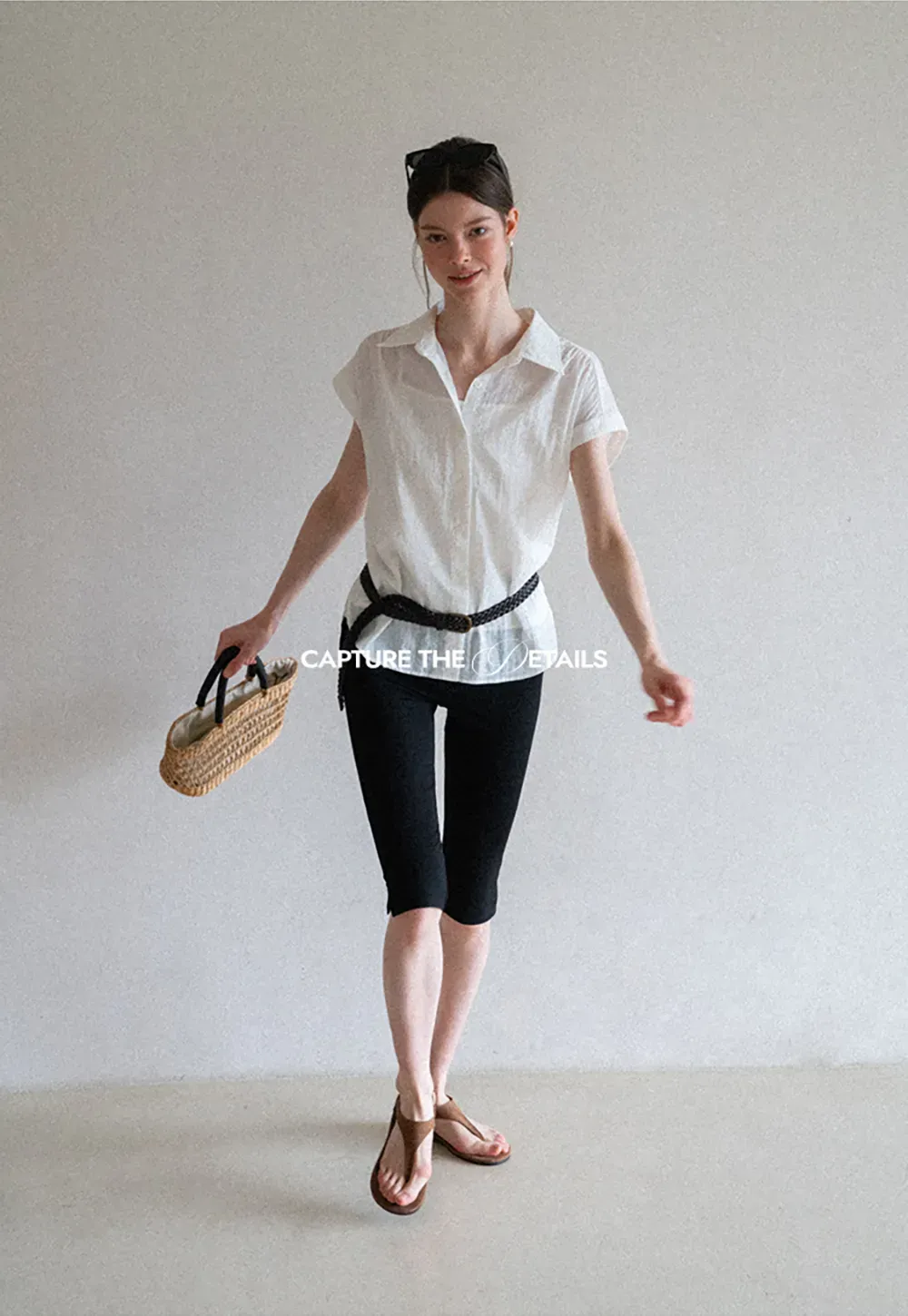 Short Sleeve Button Down Shirt with Braided Belt Detail