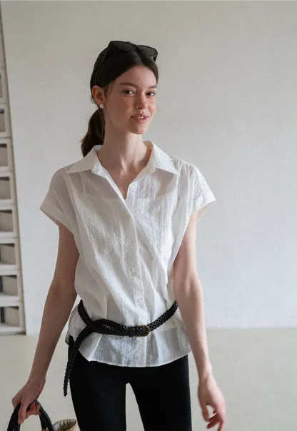 Short Sleeve Button Down Shirt with Braided Belt Detail