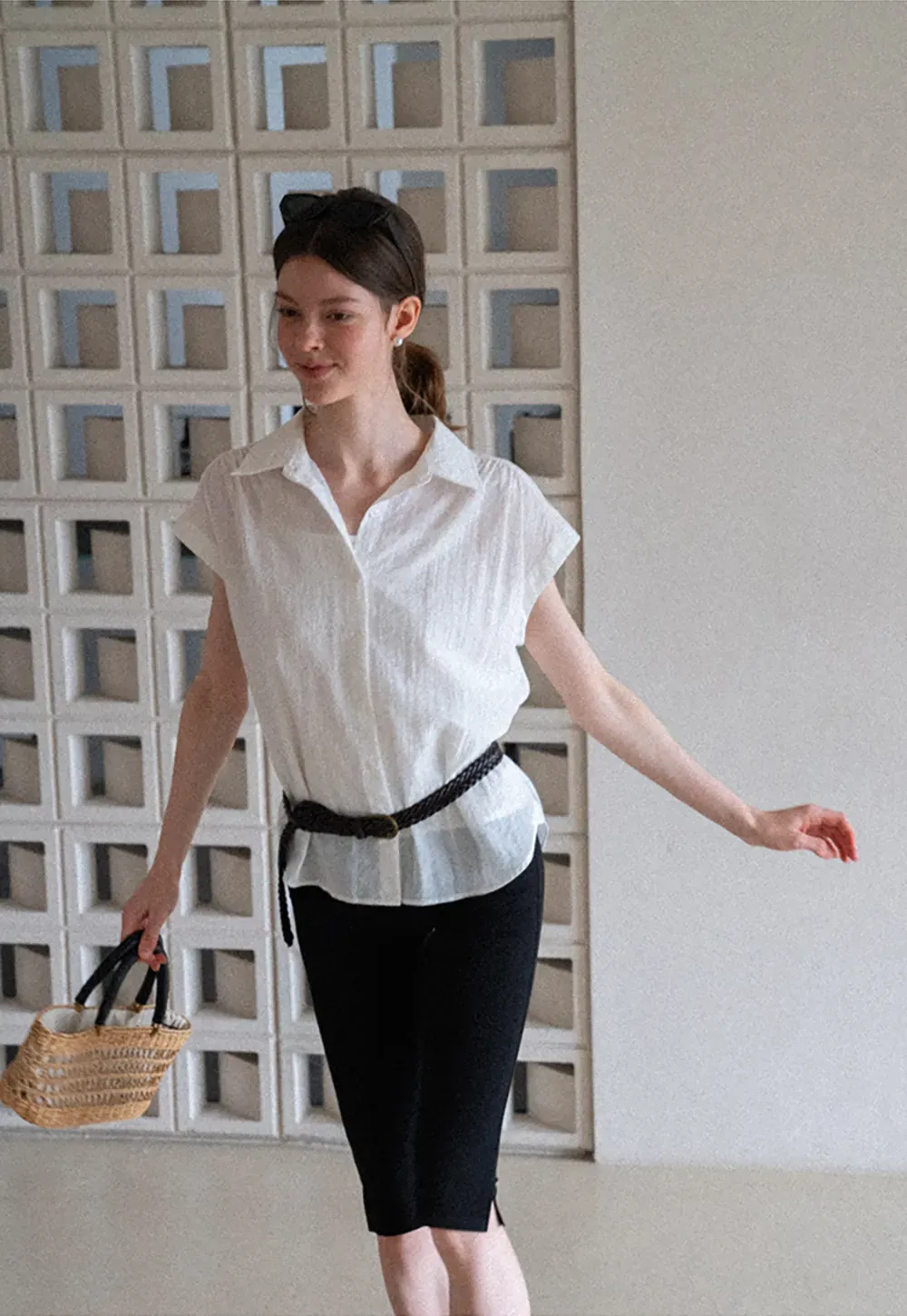 Short Sleeve Button Down Shirt with Braided Belt Detail