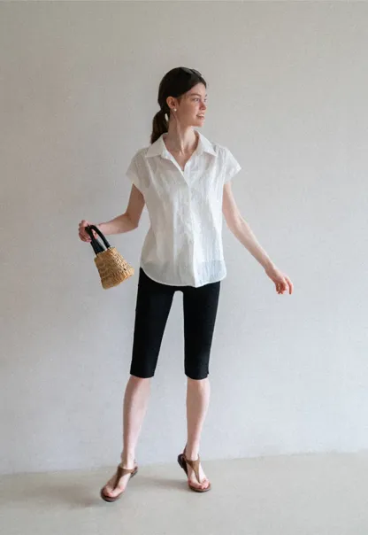 Short Sleeve Button Down Shirt with Braided Belt Detail