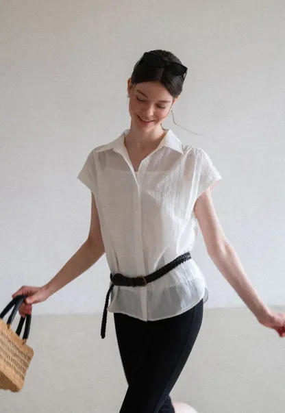 Short Sleeve Button Down Shirt with Braided Belt Detail