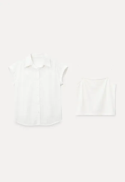 Short Sleeve Button Down Shirt with Braided Belt Detail