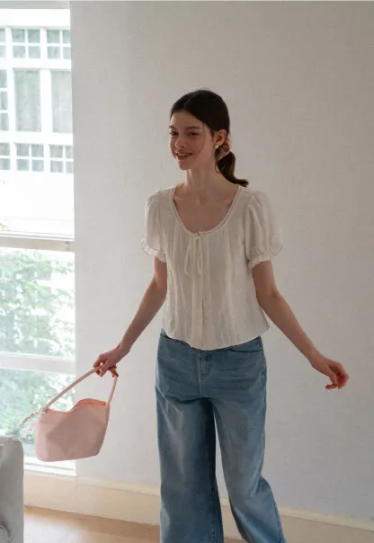 Puff Sleeve Ruffled Hem Shirt
