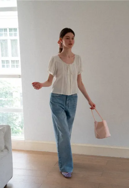 Puff Sleeve Ruffled Hem Shirt