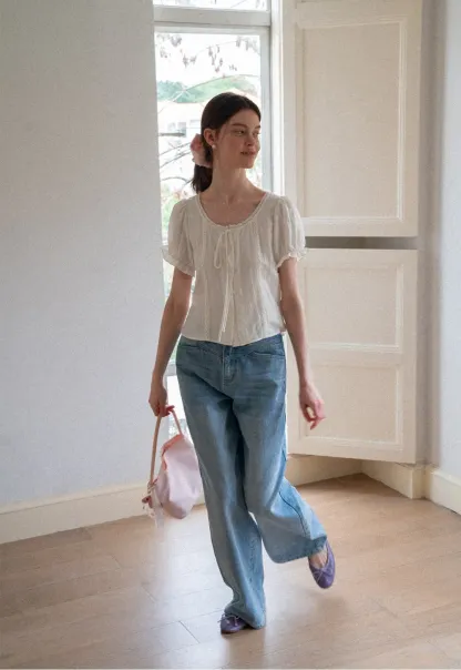 Puff Sleeve Ruffled Hem Shirt