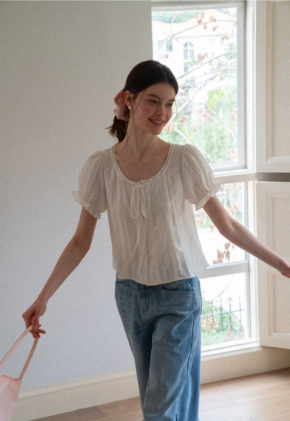 Puff Sleeve Ruffled Hem Shirt