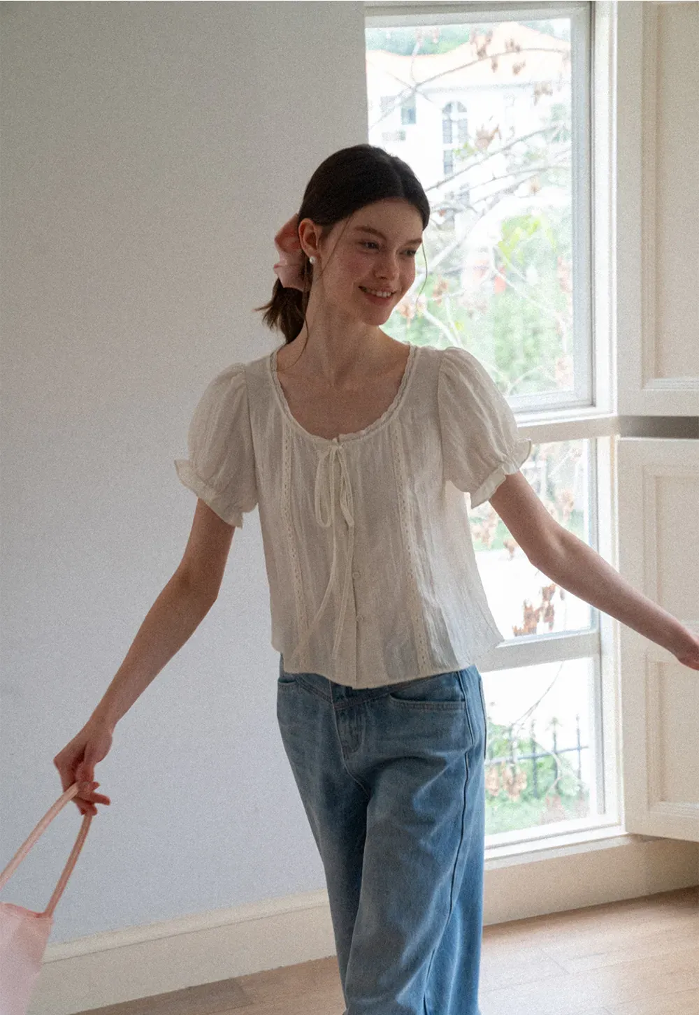 Puff Sleeve Ruffled Hem Shirt