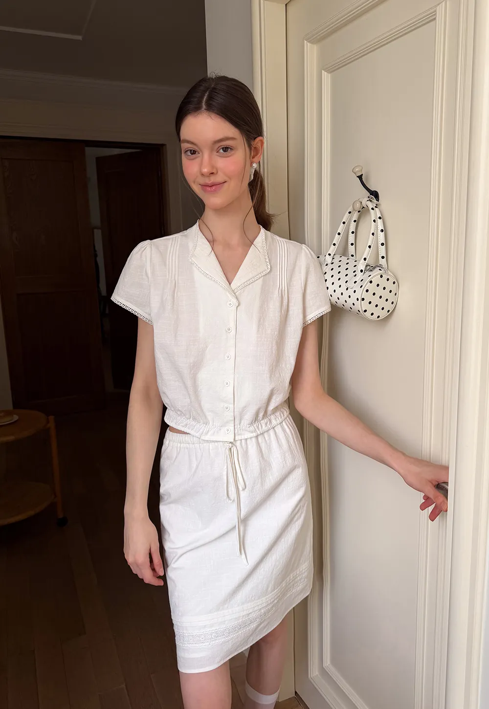 Pleated Collar Short Sleeve Shirt And High Waist Drawstring Skirt Set