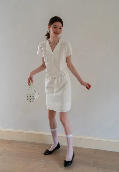 Pleated Collar Short Sleeve Shirt And High Waist Drawstring Skirt Set