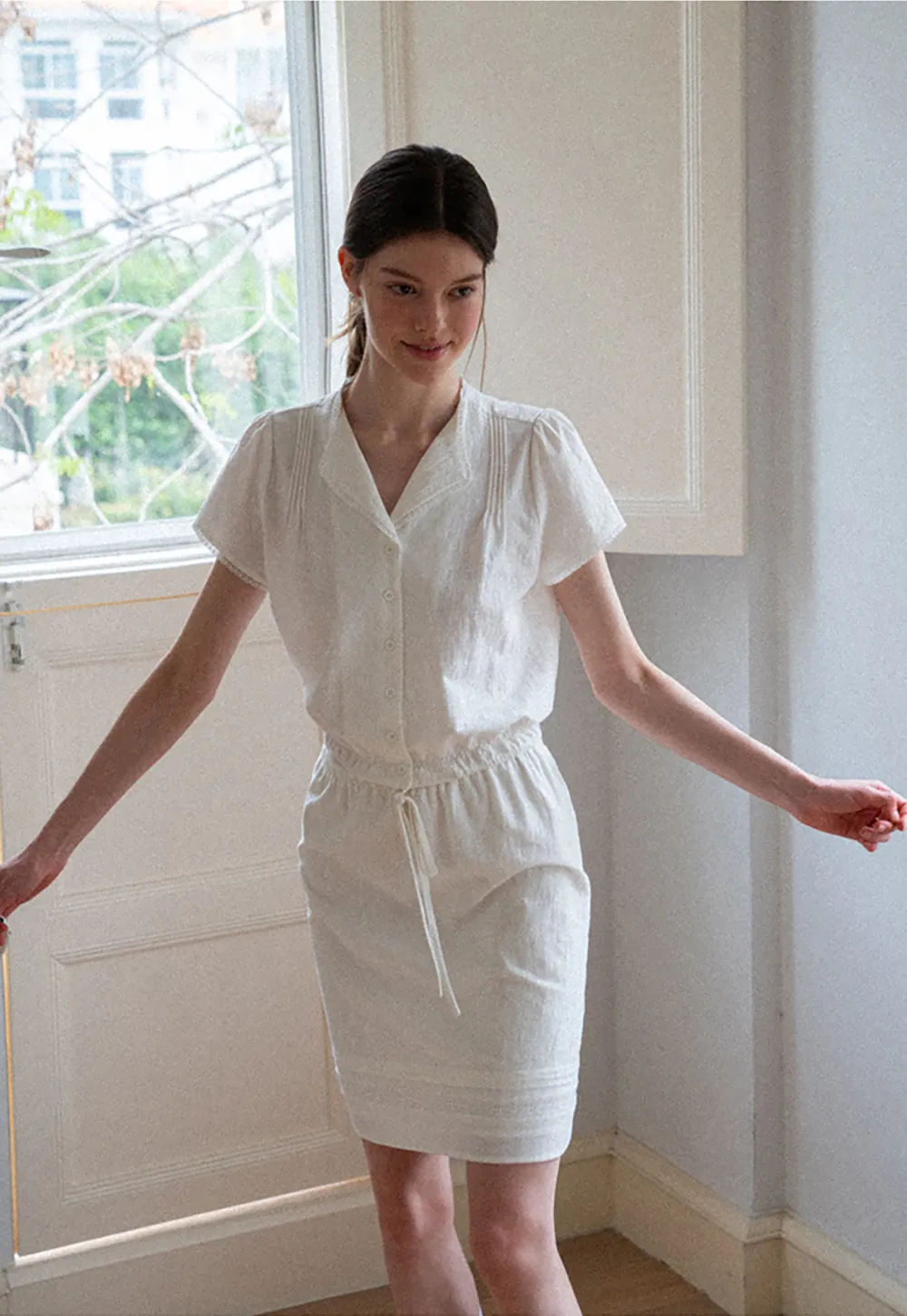 Pleated Collar Short Sleeve Shirt And High Waist Drawstring Skirt Set