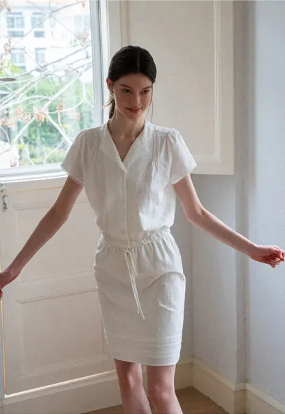 Pleated Collar Short Sleeve Shirt And High Waist Drawstring Skirt Set