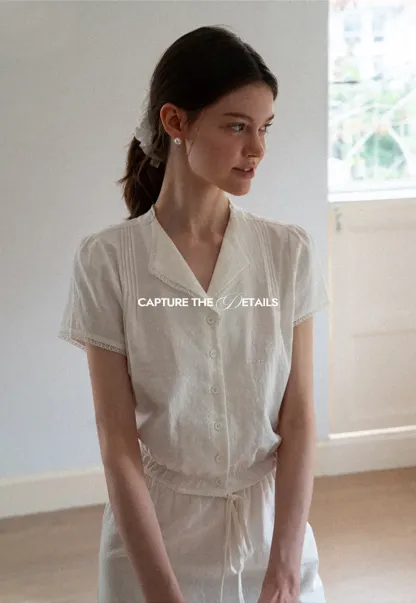 Pleated Collar Short Sleeve Shirt And High Waist Drawstring Skirt Set