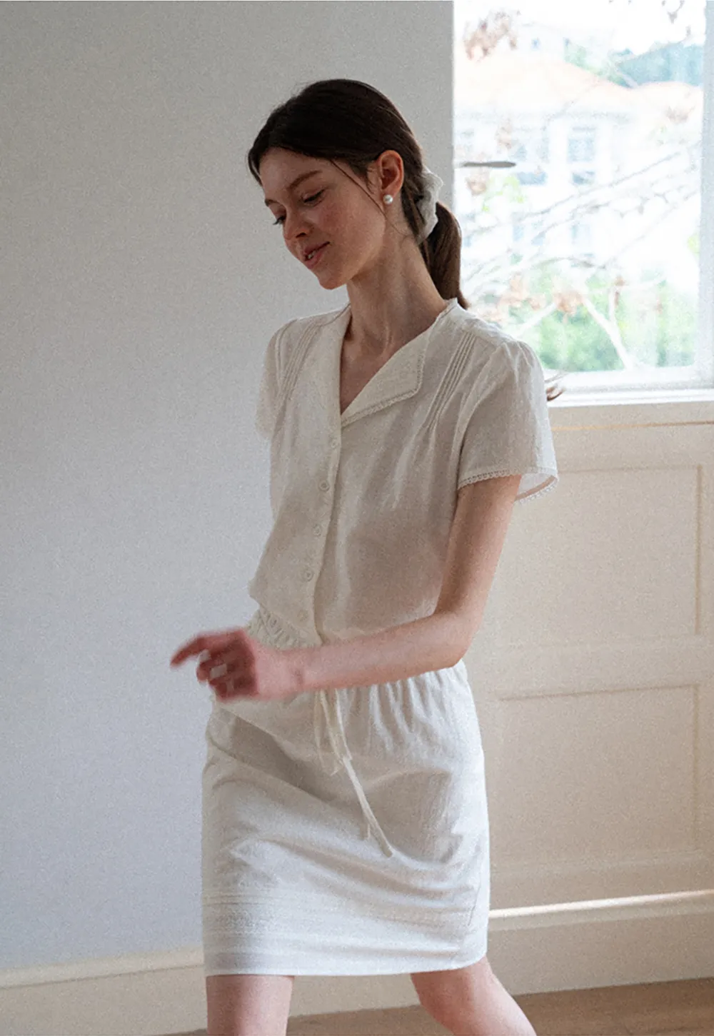 Pleated Collar Short Sleeve Shirt And High Waist Drawstring Skirt Set