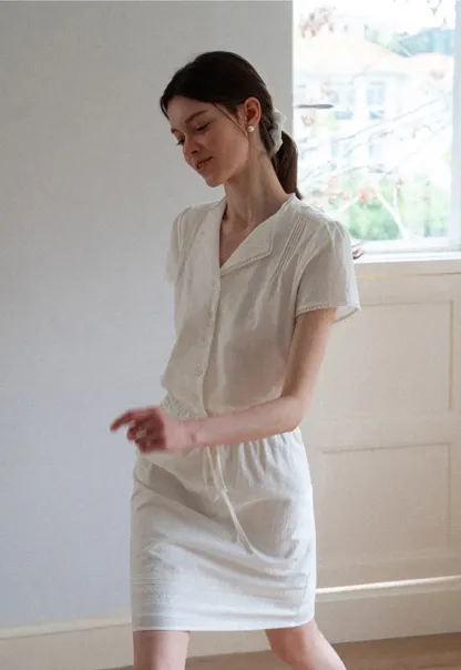 Pleated Collar Short Sleeve Shirt And High Waist Drawstring Skirt Set