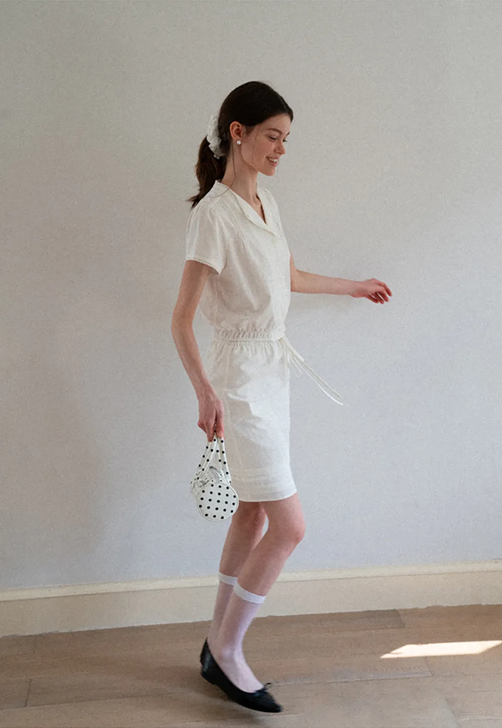 Pleated Collar Short Sleeve Shirt And High Waist Drawstring Skirt Set