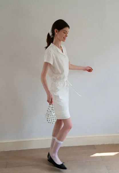 Pleated Collar Short Sleeve Shirt And High Waist Drawstring Skirt Set