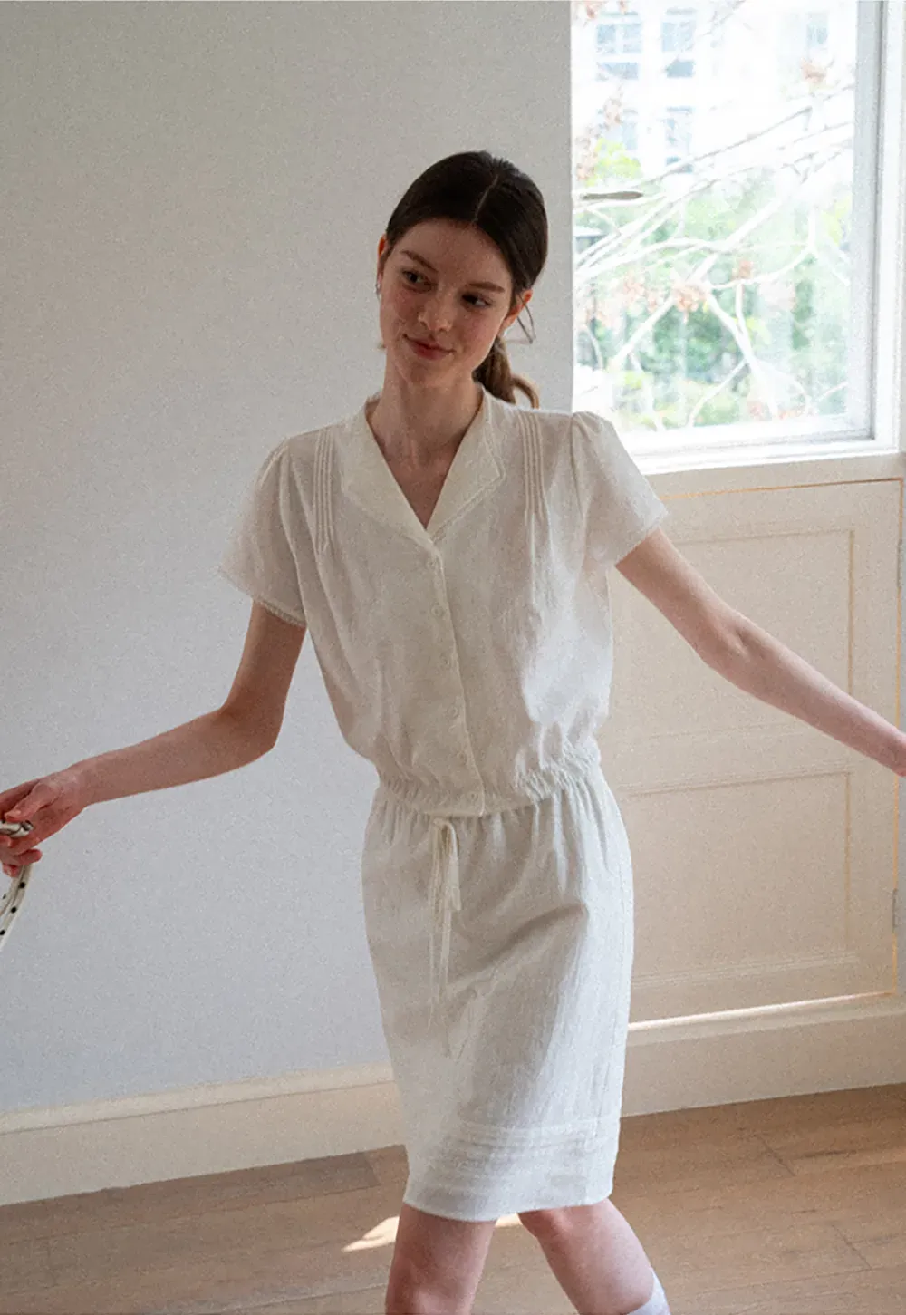 Pleated Collar Short Sleeve Shirt And High Waist Drawstring Skirt Set