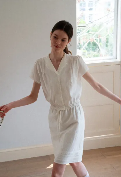Pleated Collar Short Sleeve Shirt And High Waist Drawstring Skirt Set