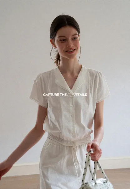Pleated Collar Short Sleeve Shirt And High Waist Drawstring Skirt Set