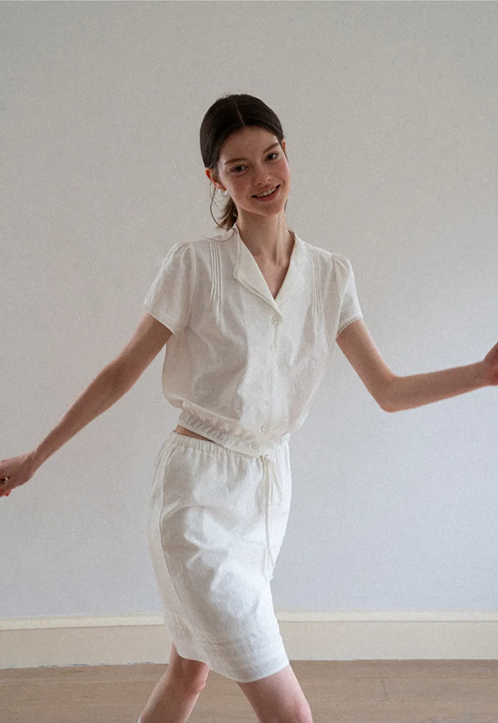 Pleated Collar Short Sleeve Shirt And High Waist Drawstring Skirt Set