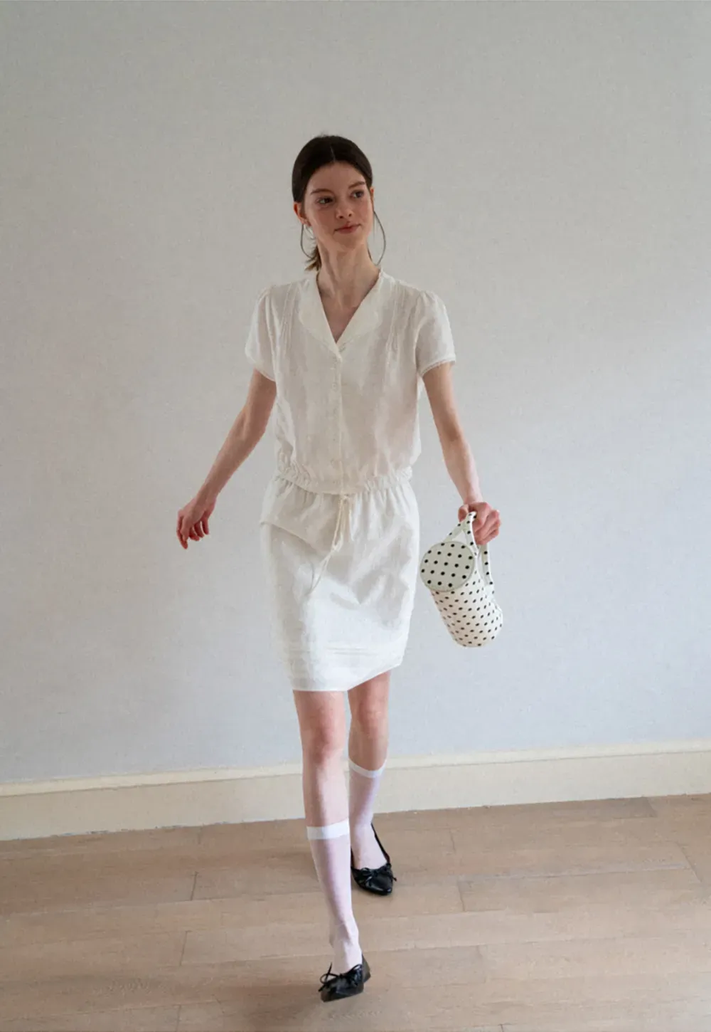 Pleated Collar Short Sleeve Shirt And High Waist Drawstring Skirt Set