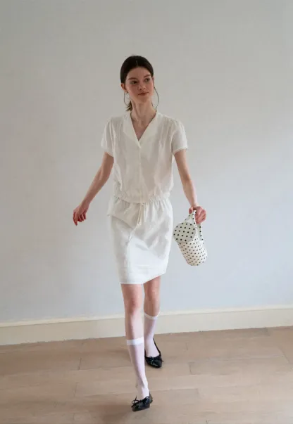 Pleated Collar Short Sleeve Shirt And High Waist Drawstring Skirt Set