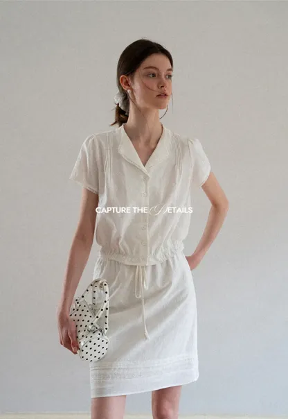 Pleated Collar Short Sleeve Shirt And High Waist Drawstring Skirt Set