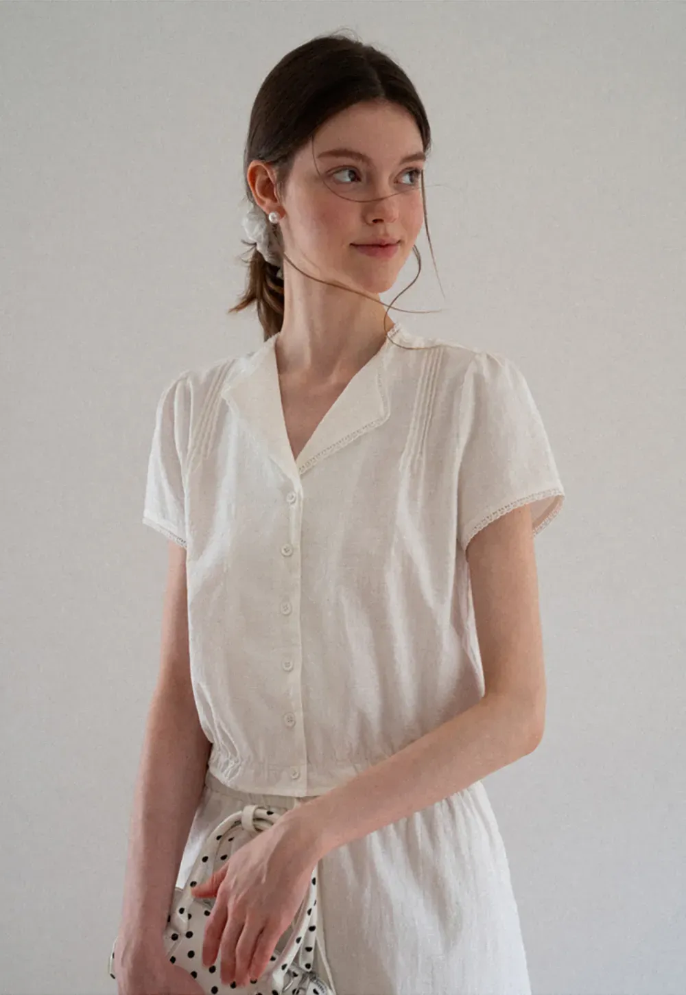 Pleated Collar Short Sleeve Shirt And High Waist Drawstring Skirt Set