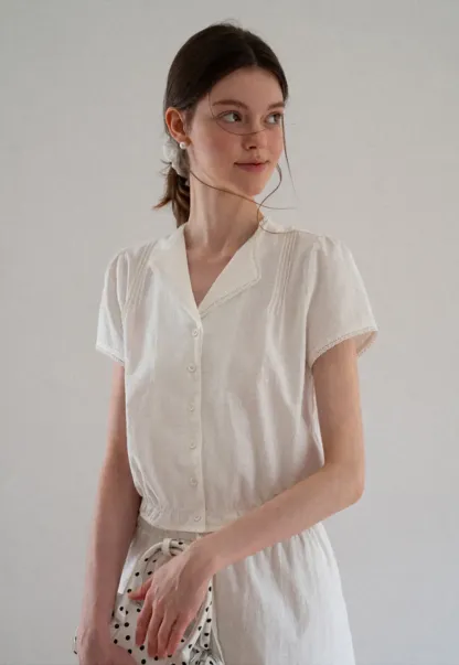 Pleated Collar Short Sleeve Shirt And High Waist Drawstring Skirt Set